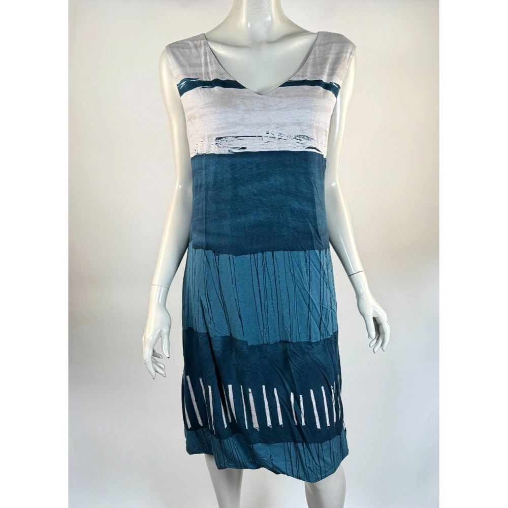 Piazza Sempione Shift Dress Women 48 EUC US 12 Lined Stretch Viscose V-neck Blue